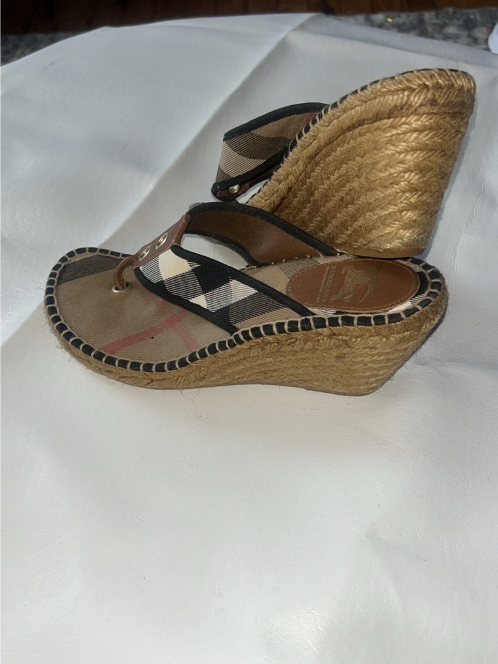 Burberry Tan and Black Plaid Wedge Espadrille Sandals